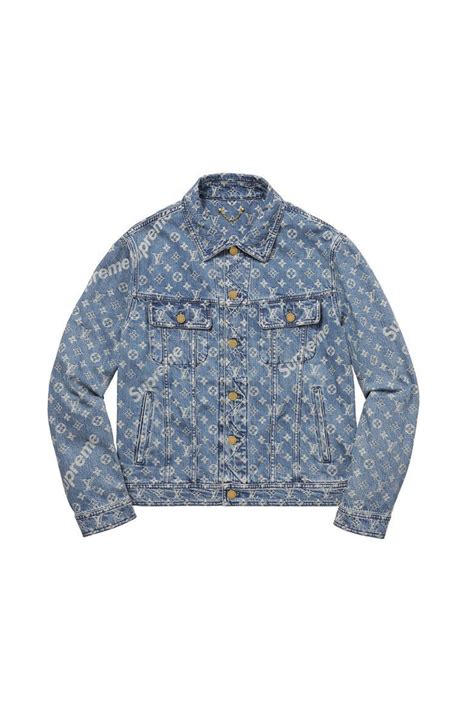 supreme x louis vuitton jacquard denim trucker jacket blue|Louis Vuitton jacquard jacket.